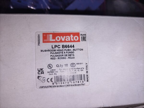 Lovato Electric LPC B6644 Red 40mm Mushroom E-Stop Push Button — Box of 10 (New) Lovato Electric LPC B6644 Red 40mm Mushroom E-Stop Push Button — Box of 10 (New)