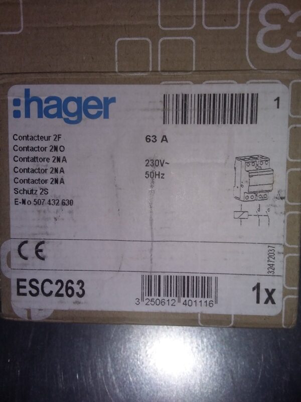 Hager ESC263 63A 2-Pole Modular Contactor 230V – New in Box Hager ESC263 63A 2-Pole Modular Contactor 230V – New in Box