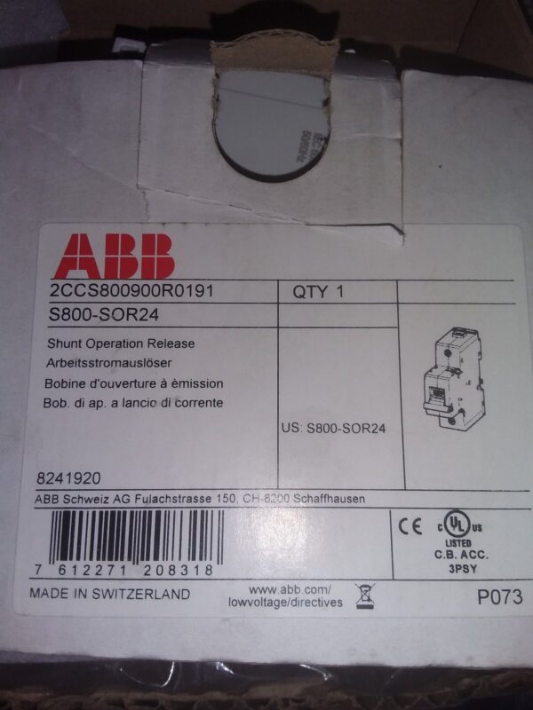 ABB S800-SOR24 Shunt Operation Release 24V AC/DC – Near-New in Box ABB S800-SOR24 Shunt Operation Release 24V AC/DC – Near-New in Box